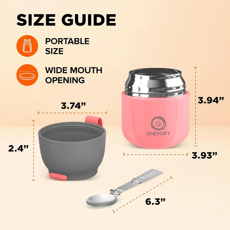 ENERGIFY Vacuum Insulated Food Jar. Large 12oz Bowl incl. Folding Spoon, Cup. Wide Mouth Keep Hot & Cold Drinks Soup thermo Lunch Container for Adults. BPA-Free Stainless Steel, Leak Proof Antique Pink - Image 4